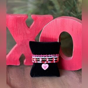 HUG ME My Valentine! 4 Piece Gold Red Pink Stretch Charm Bracelet Set